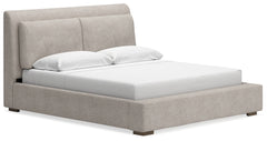 Cabalynn Oatmeal/Light Brown King Upholstered Bedroom Set with 2 Nightstands - Ornate Home