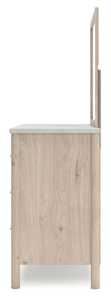 Cadmori Two-tone Full Upholstered Panel Bed, Dresser and Mirror - Ornate Home