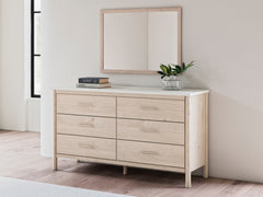 Cadmori Two-tone Full Upholstered Panel Bed, Dresser and Mirror - Ornate Home
