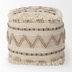 Caela Beige/Brown Wool, Cotton and Felt Popcorn Stitch Square Pouf