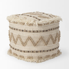Caela Beige/Brown Wool, Cotton and Felt Popcorn Stitch Square Pouf
