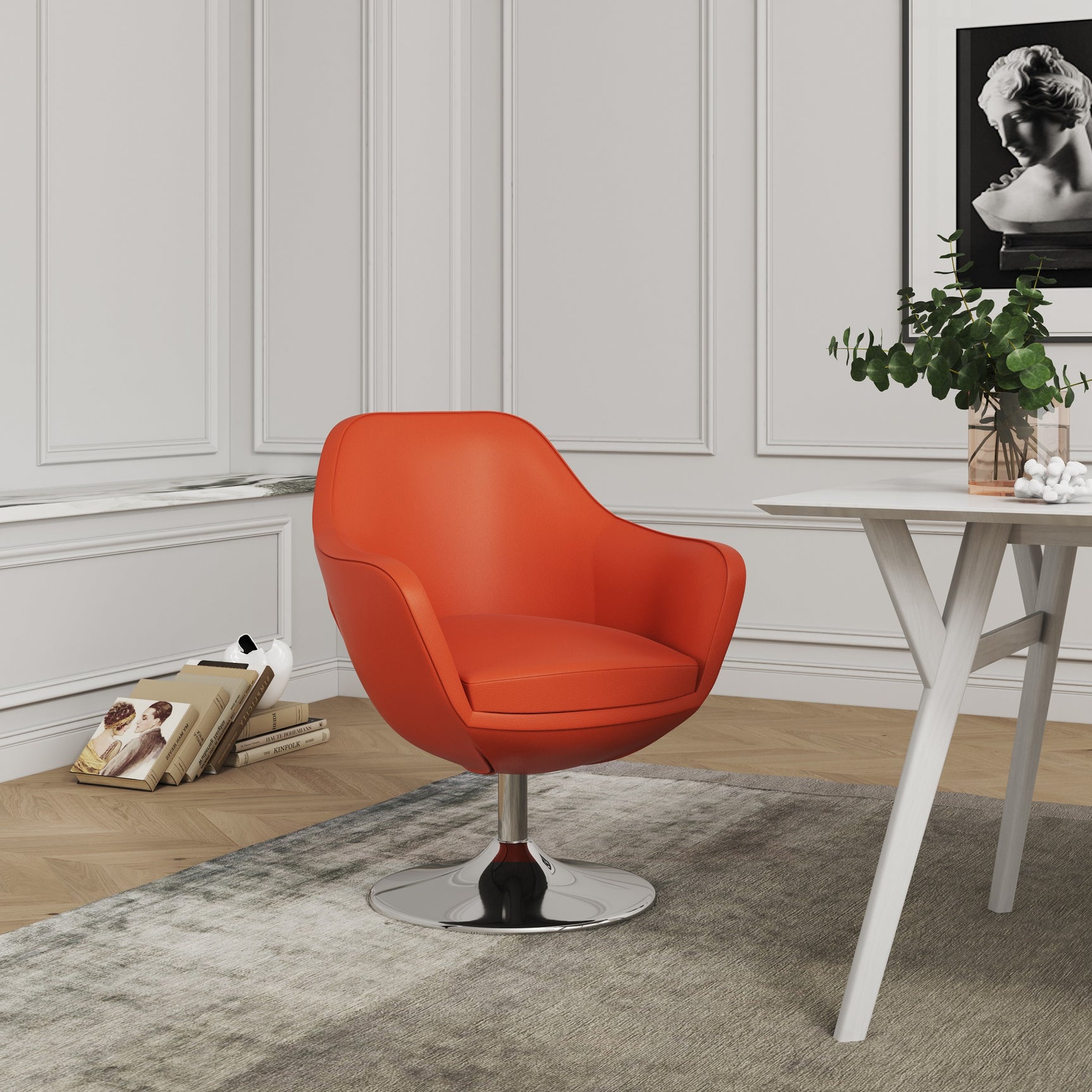 Caisson Faux Leather Swivel Accent Chair in Orange and Polished Chrome - Ornate Home