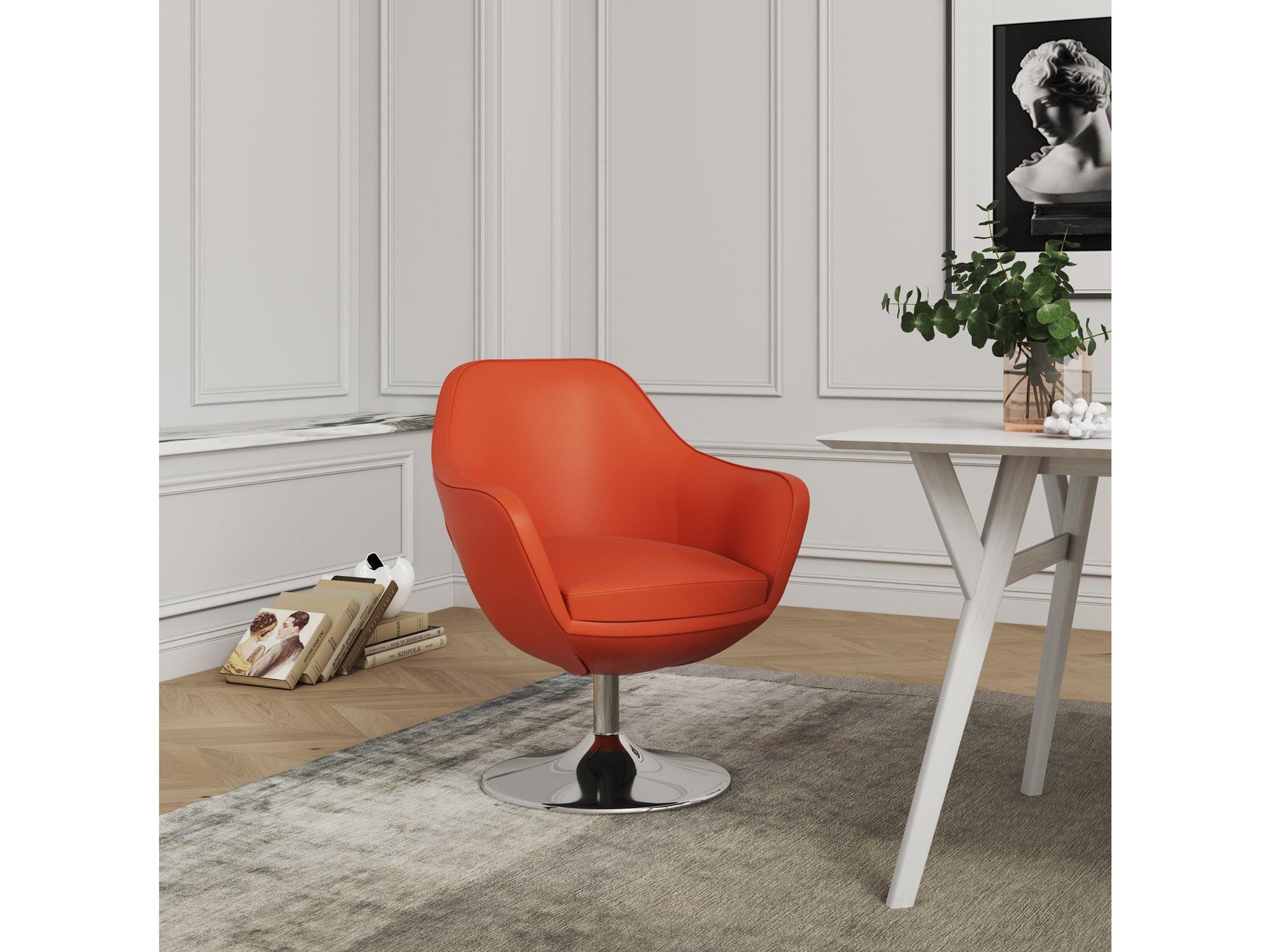 Caisson Faux Leather Swivel Accent Chair in Orange and Polished Chrome (set of 2) - Ornate Home