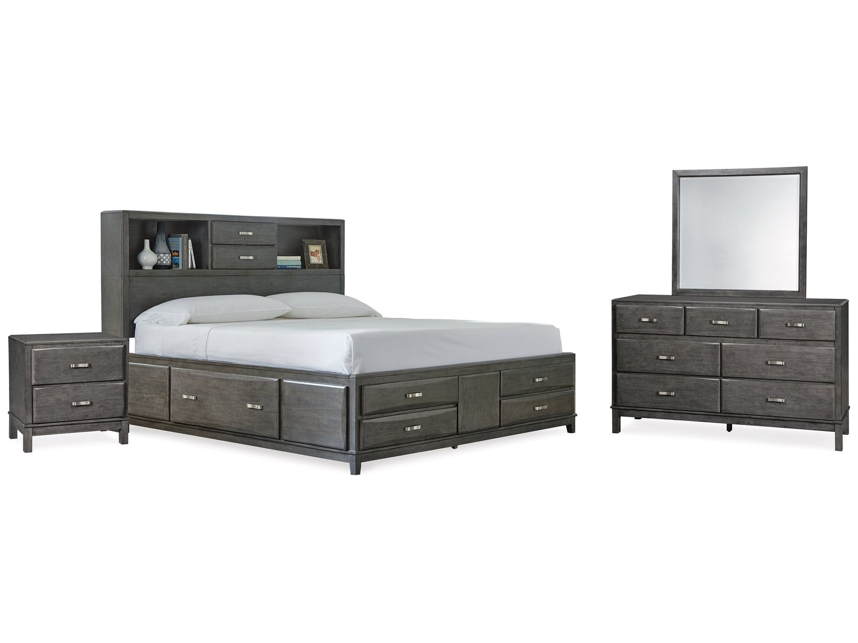 Caitbrook Gray California King Storage Bedroom Set with Dresser, Mirror, and Nighstand - Ornate Home