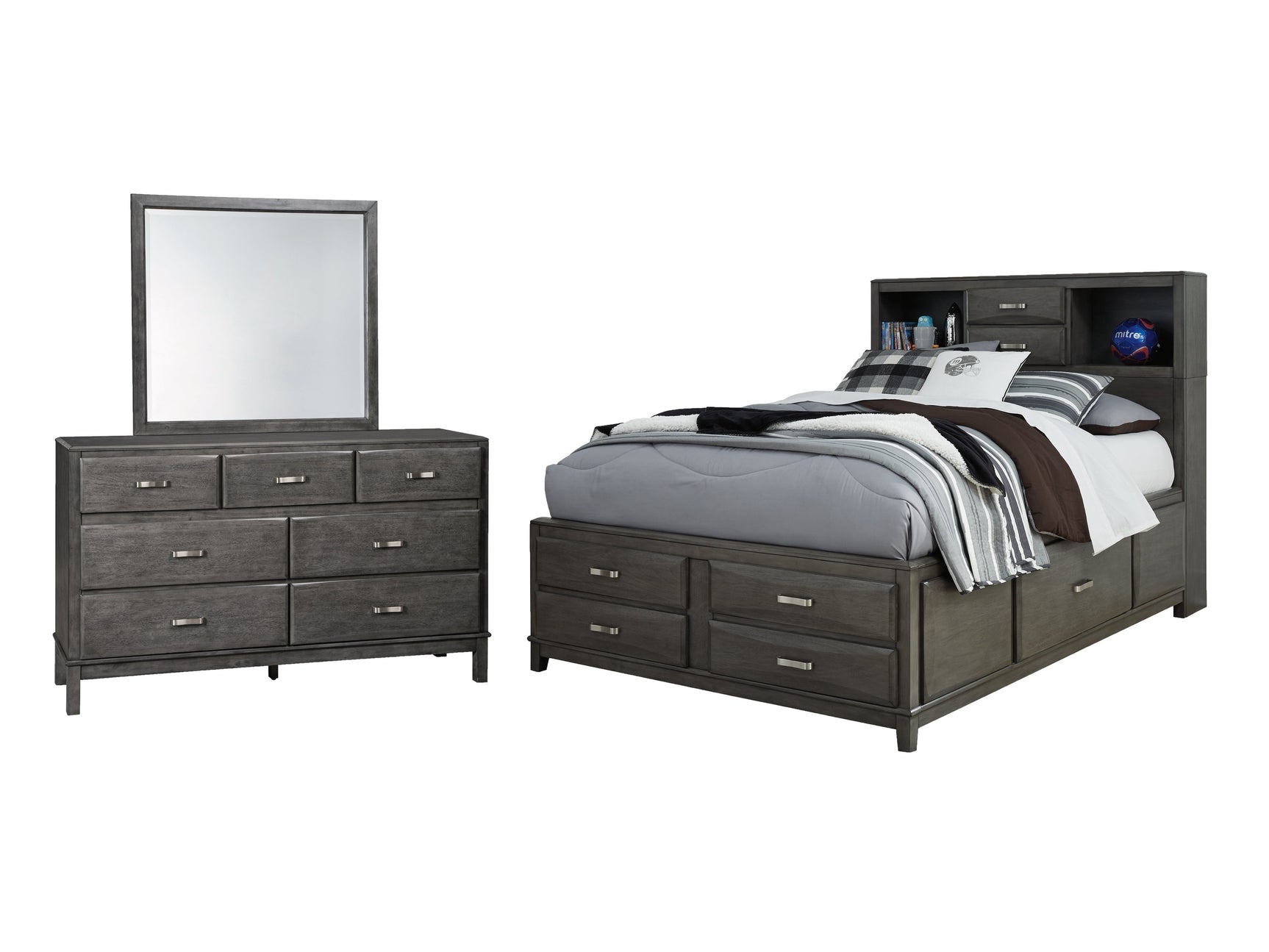 Caitbrook Gray Full Storage Bedroom Set with Mirrored Dresser - Ornate Home