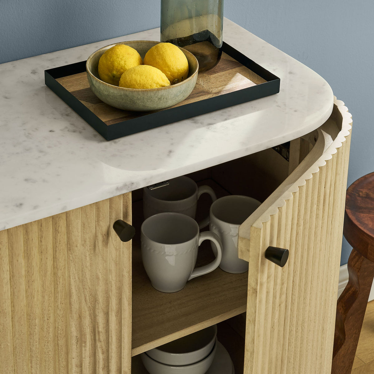 Caldera Natural 33" Curved Solid Wood and Marble Accent Storage Cabinet - Ornate Home