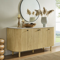 Caldera Natural 60" Curved Solid Wood and Marble Sideboard Storage Cabinet - Ornate Home