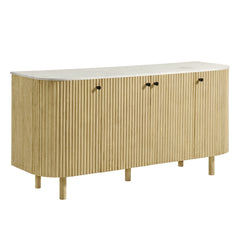 Caldera Natural 60" Curved Solid Wood and Marble Sideboard Storage Cabinet - Ornate Home
