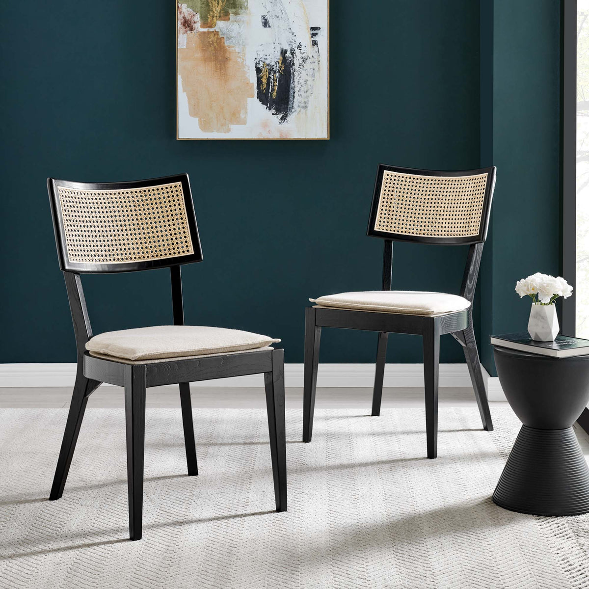 Caledonia Black/Beige Fabric Upholstered Wood Dining Chair (Set of 2) - Ornate Home
