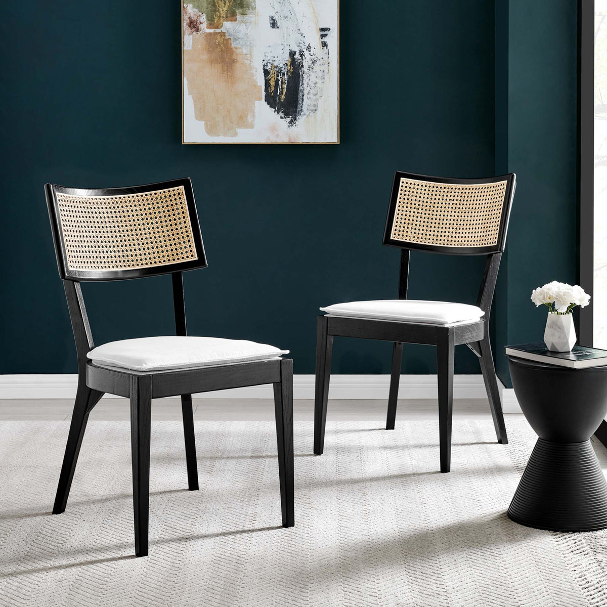 Caledonia Black/White Fabric Upholstered Wood Dining Chair (Set of 2) - Ornate Home