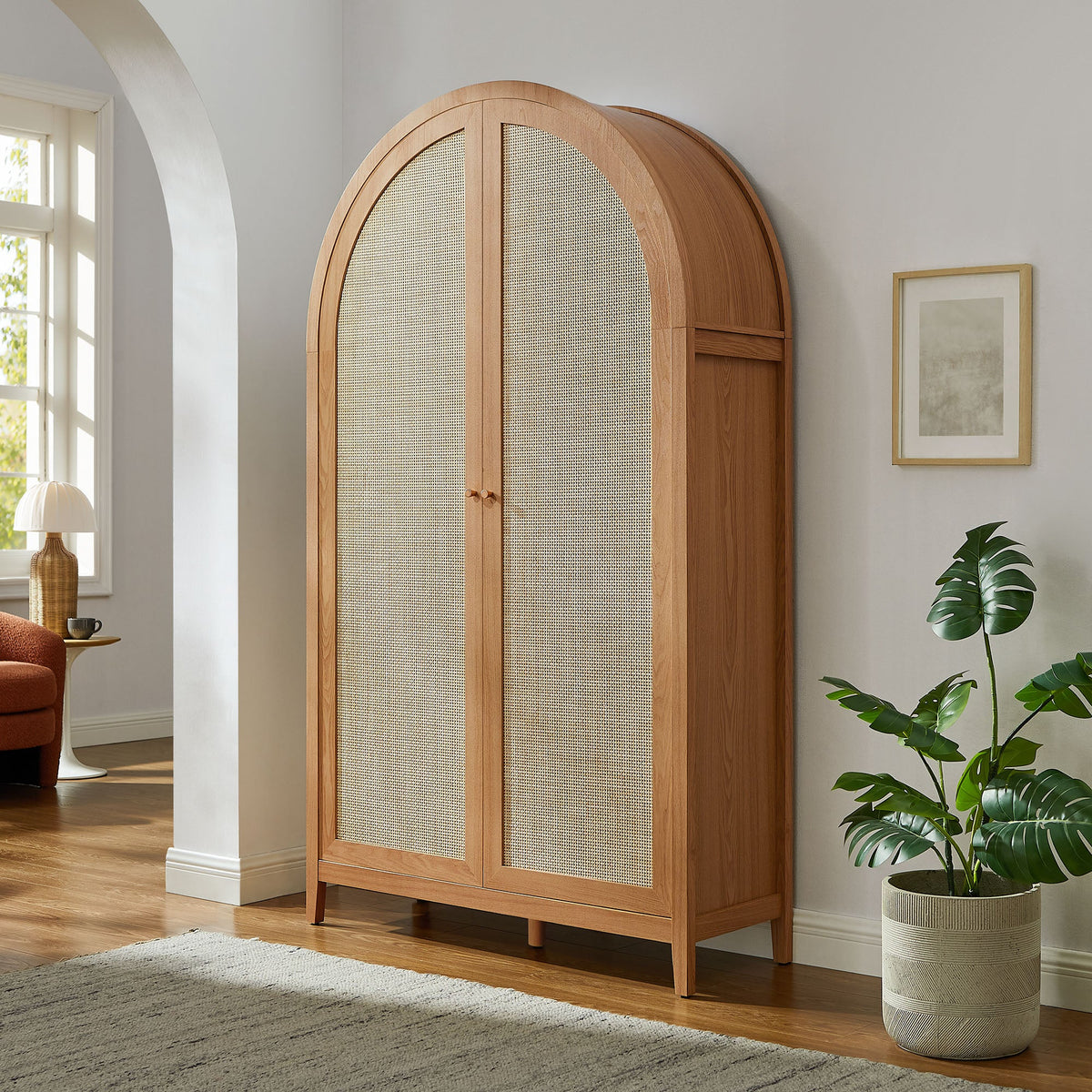 Calista Natural 79" Tall Wide Rattan Arched Storage Cabinet - Ornate Home