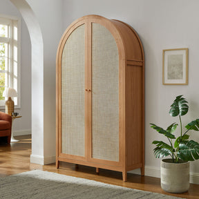 Calista Natural 79" Tall Wide Rattan Arched Storage Cabinet - Ornate Home