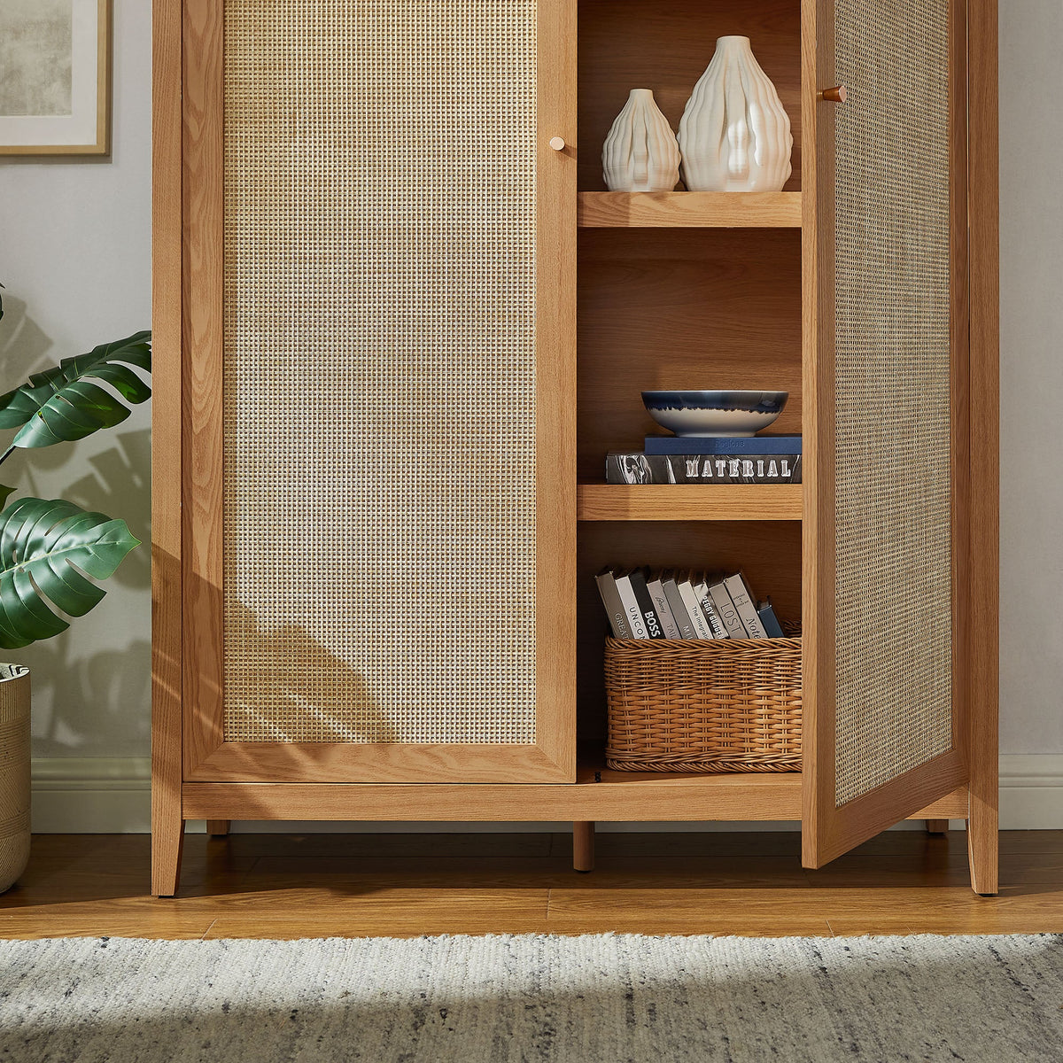 Calista Natural 79" Tall Wide Rattan Arched Storage Cabinet - Ornate Home