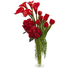 Calla, Hydrangea & Tulips Artificial Arrangement in Flared Vase - Ornate Home