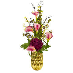 Calla Lily and Mum Artificial Arrangement in Gold Colored Vase - Ornate Home