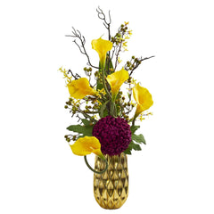 Calla Lily and Mum Artificial Arrangement in Gold Colored Vase - Ornate Home