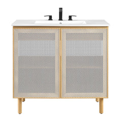 Calla White/Oak 36" Perforated Metal Bathroom Vanity - Ornate Home
