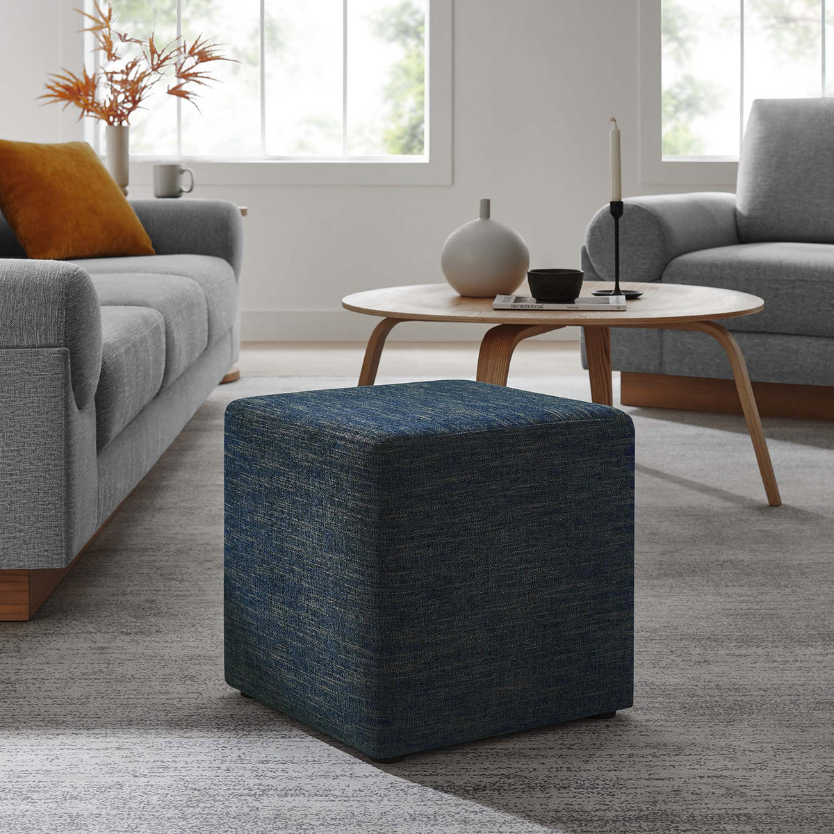 Callum Weave Azure 17" Square Woven Heathered Fabric Upholstered Ottoman - Ornate Home