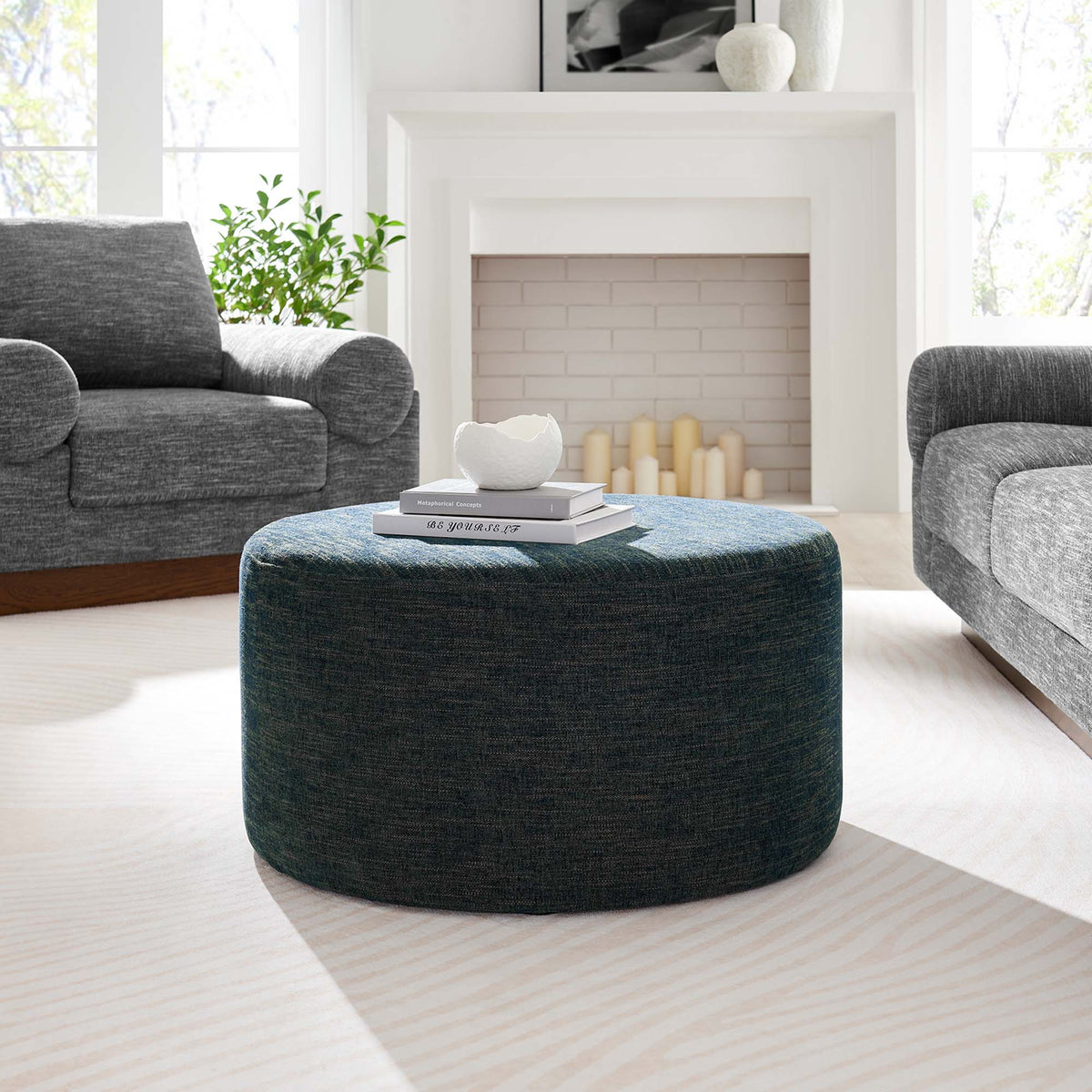 Callum Weave Azure Large 29" Round Woven Heathered Fabric Upholstered Ottoman - Ornate Home