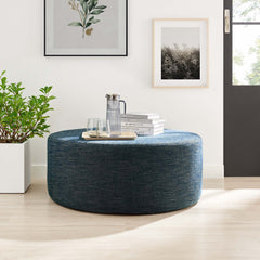 Callum Weave Azure Large 38" Round Woven Heathered Fabric Upholstered Ottoman - Ornate Home