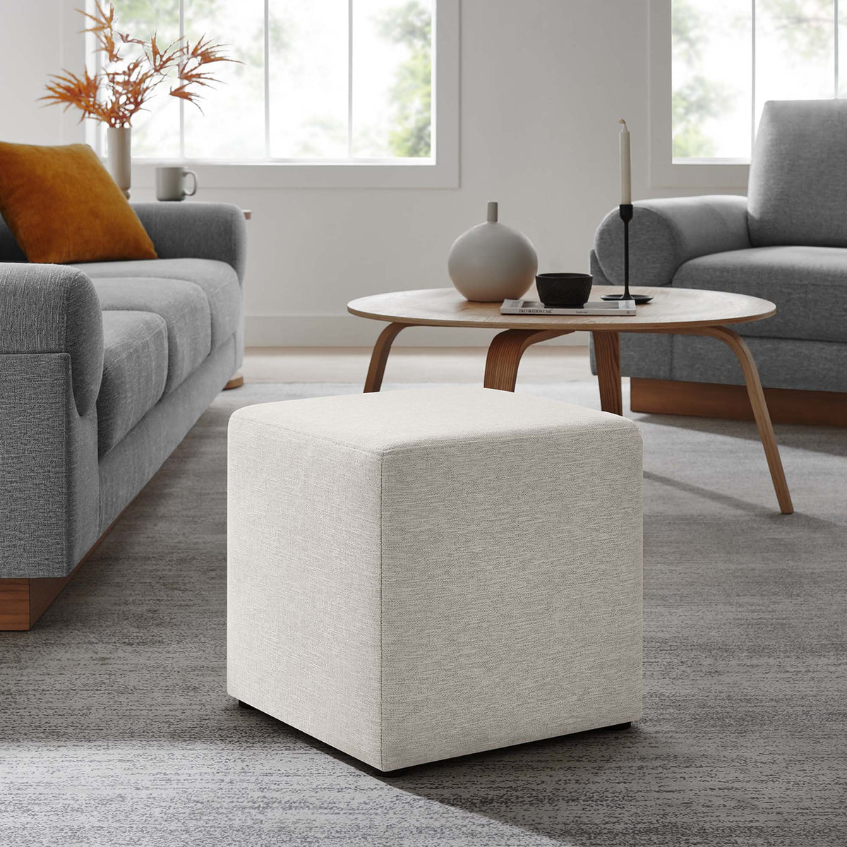 Callum Weave Ivory 17" Square Woven Heathered Fabric Upholstered Ottoman - Ornate Home