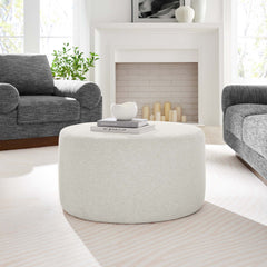 Callum Weave Ivory Large 29" Round Woven Heathered Fabric Upholstered Ottoman - Ornate Home