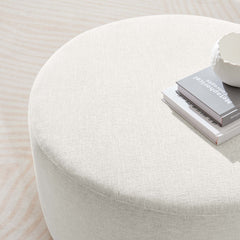Callum Weave Ivory Large 29" Round Woven Heathered Fabric Upholstered Ottoman - Ornate Home