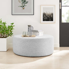 Callum Weave Light Gray Large 38" Round Woven Heathered Fabric Upholstered Ottoman - Ornate Home