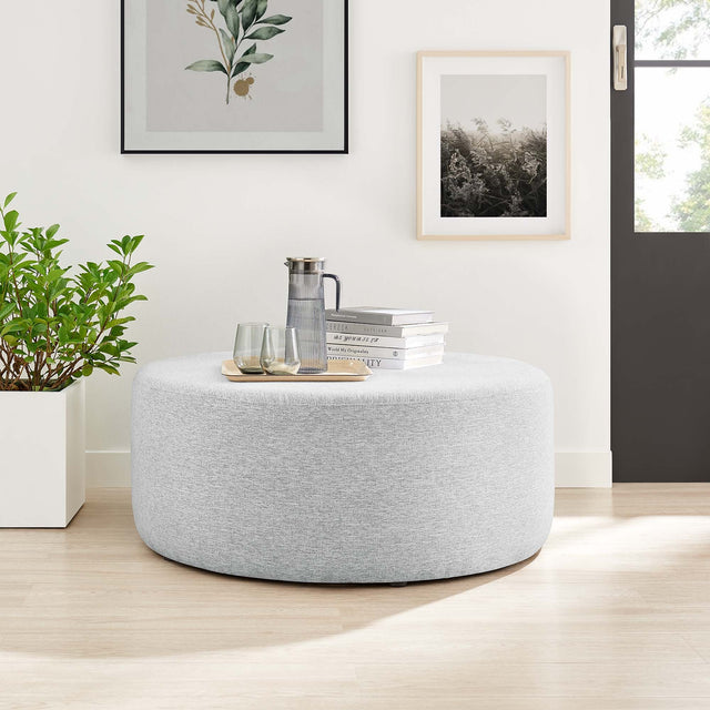 Callum Weave Light Gray Large 38" Round Woven Heathered Fabric Upholstered Ottoman - Ornate Home