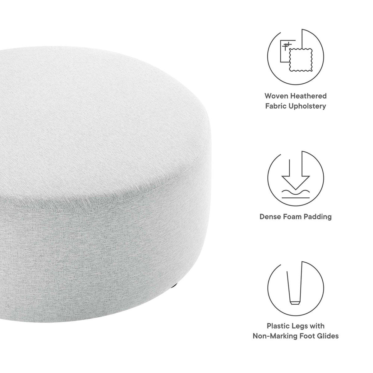 Callum Weave Light Gray Large 38" Round Woven Heathered Fabric Upholstered Ottoman - Ornate Home