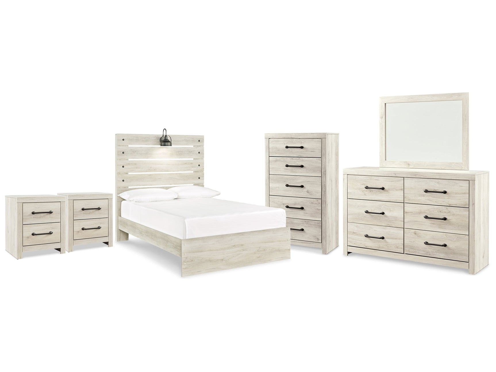 Cambeck Whitewash Full Panel Bedroom Set with Dresser, Mirror, Chest and 2 Nightstands - Ornate Home
