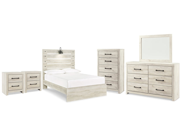 Cambeck Whitewash Full Panel Bedroom Set with Dresser, Mirror, Chest and 2 Nightstands - Ornate Home