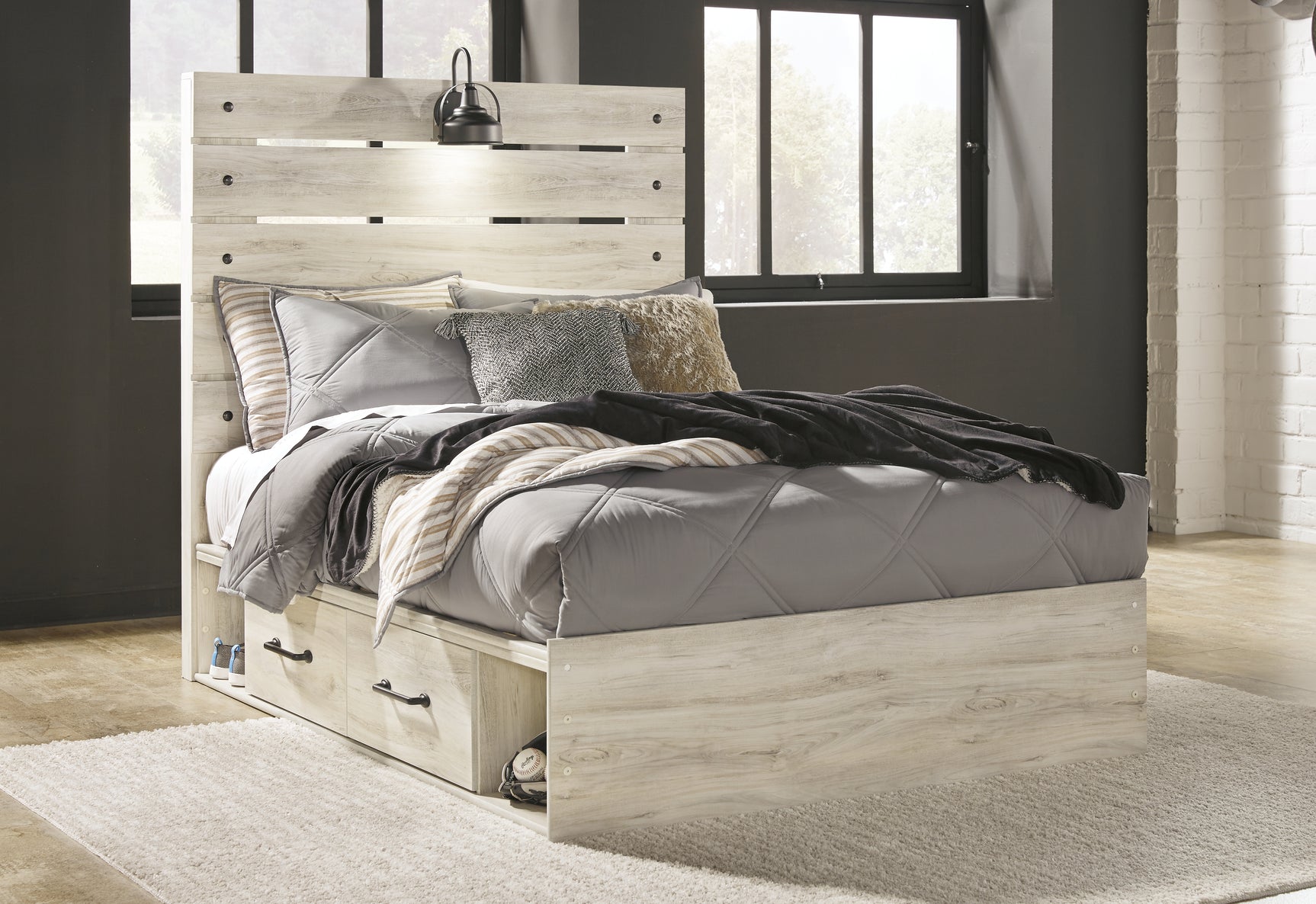 Cambeck Whitewash Full Panel Bedroom Set with Storage, Dresser, Mirror and Nightstand - Ornate Home