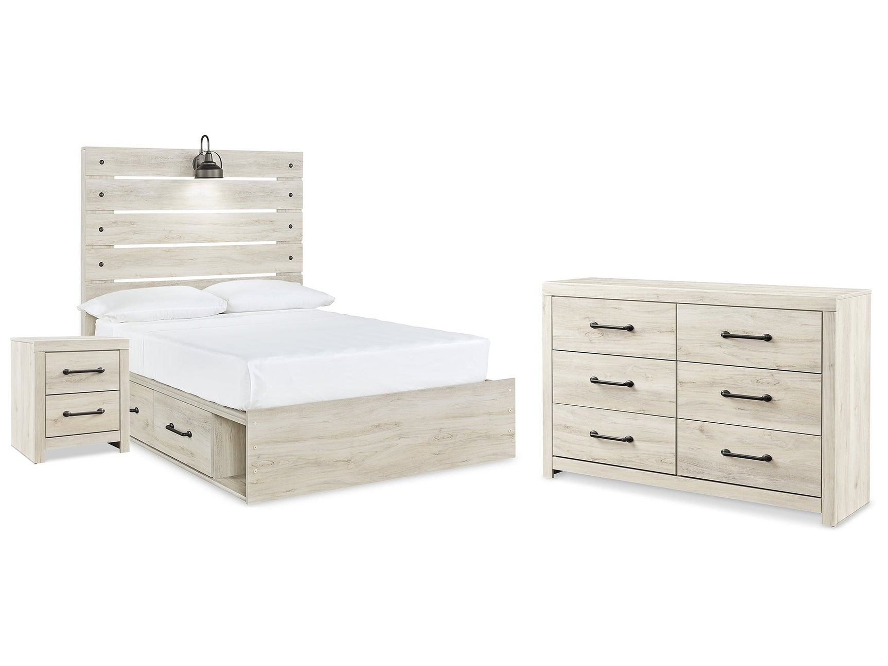 Cambeck Whitewash Full Panel Bedroom Set with Storage, Dresser and Nightstand - Ornate Home