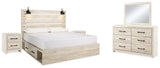 Cambeck Whitewash King Panel Bedroom Set with 2 Side Storage, Dresser, Mirror, and Nightstand - Ornate Home