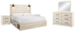 Cambeck Whitewash King Panel Bedroom Set with 2 Side Storage, Dresser, Mirror, and Nightstand - Ornate Home