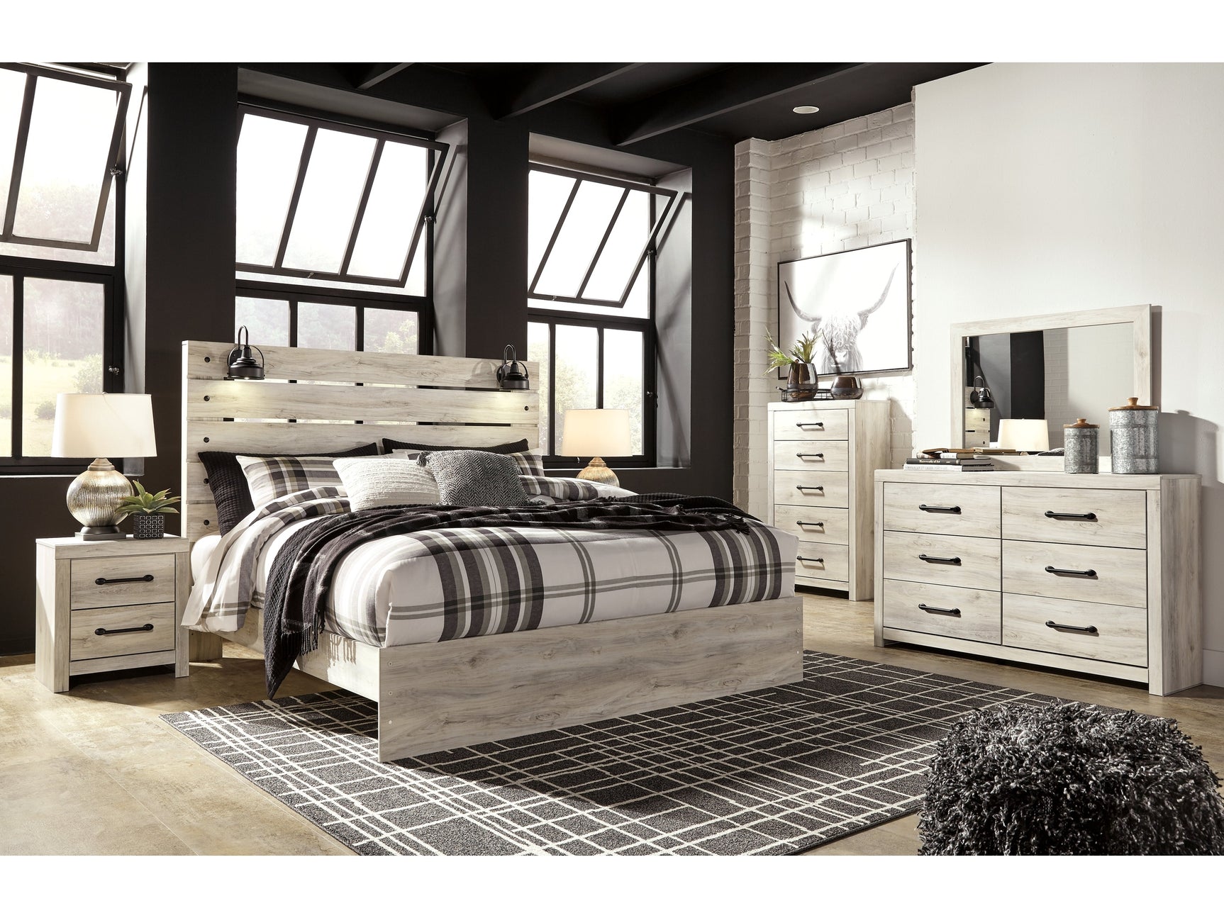 Cambeck Whitewash King Panel Bedroom Set with Dresser, Mirror, Chest and 2 Nightstands - Ornate Home