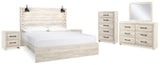 Cambeck Whitewash King Panel Bedroom Set with Dresser, Mirror, Chest and 2 Nightstands - Ornate Home
