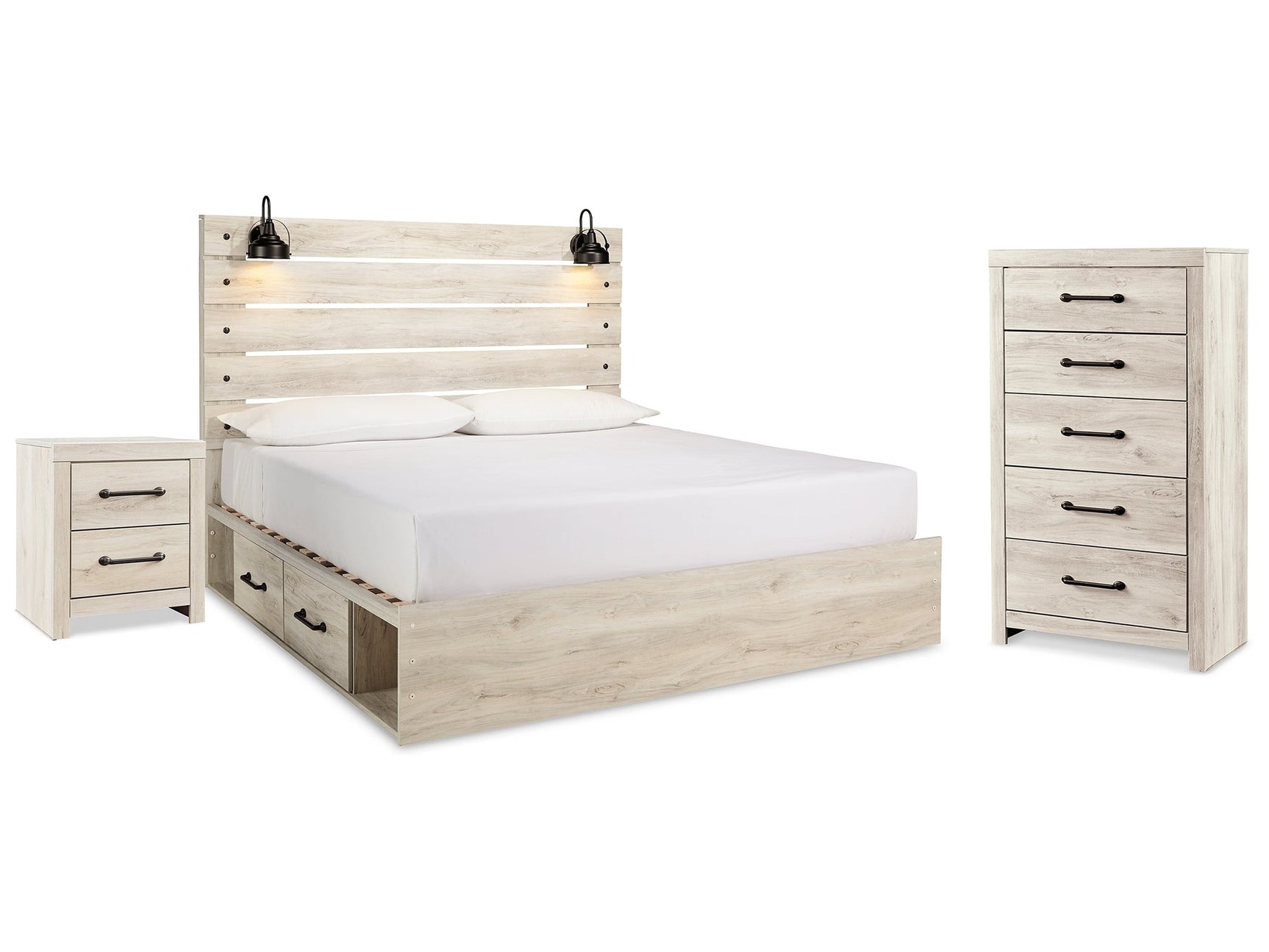 Cambeck Whitewash King Panel Bedroom Set with Storage, Chest and Nightstand - Ornate Home