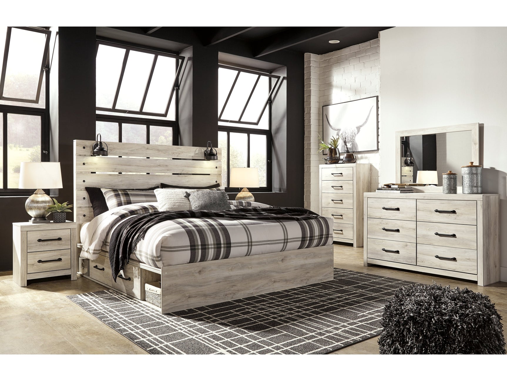Cambeck Whitewash King Panel Bedroom Set with Storage, Dresser, Mirror, Chest and 2 Nightstands (Online Special Price) - Ornate Home