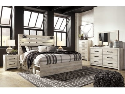 Cambeck Whitewash King Panel Bedroom Set with Storage, Dresser, Mirror, Chest and 2 Nightstands - Ornate Home