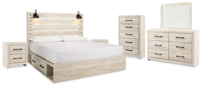 Cambeck Whitewash King Panel Bedroom Set with Storage, Dresser, Mirror, Chest and 2 Nightstands - Ornate Home