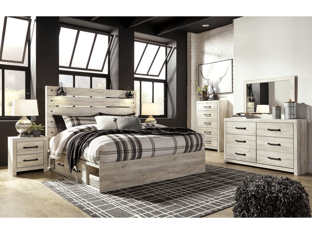 Cambeck Whitewash King Panel Bedroom Set with Storage, Dresser, Mirror, Chest and 2 Nightstands - Ornate Home
