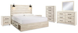 Cambeck Whitewash King Panel Bedroom Set with Storage, Dresser, Mirror, Chest and 2 Nightstands - Ornate Home
