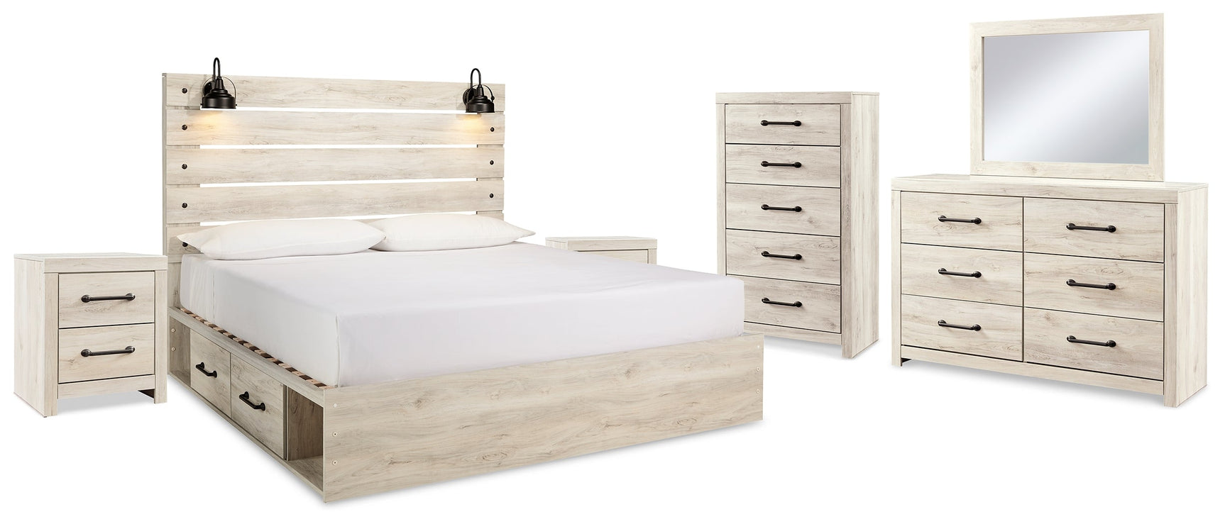 Cambeck Whitewash King Panel Bedroom Set with Storage, Dresser, Mirror, Chest and 2 Nightstands - Ornate Home