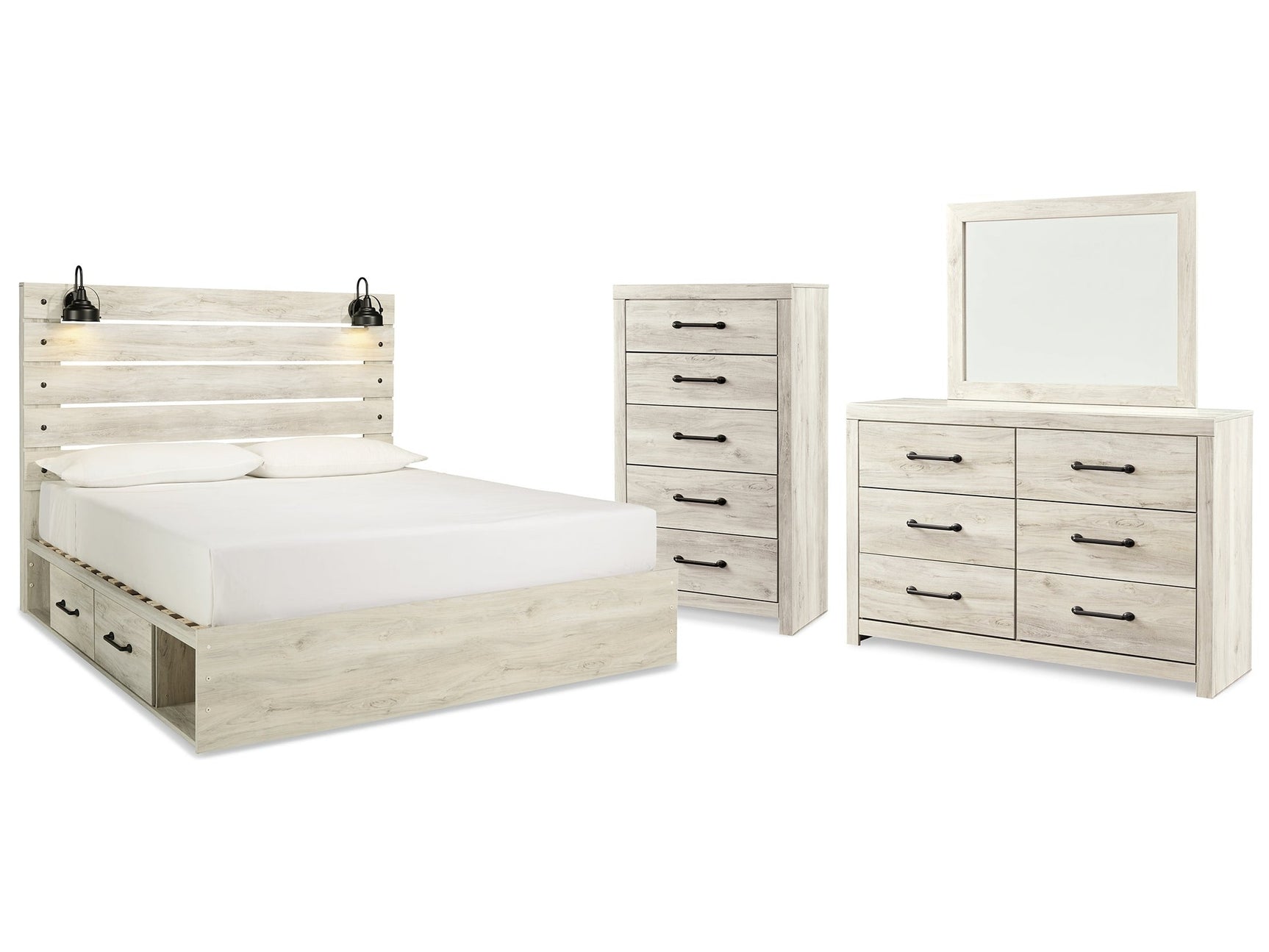 Cambeck Whitewash King Panel Bedroom Set with Storage, Dresser, Mirror and Chest - Ornate Home