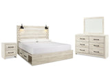 Cambeck Whitewash King Panel Bedroom Set with Storage, Dresser, Mirror and Nightstand - Ornate Home