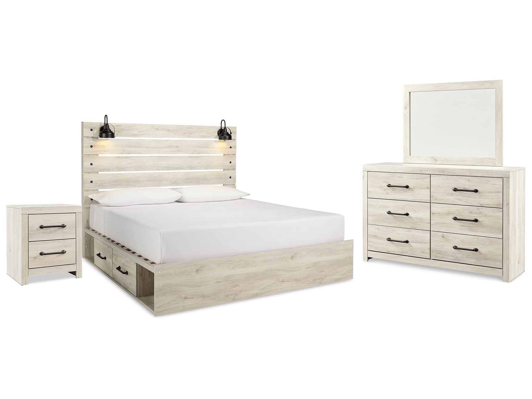 Cambeck Whitewash King Panel Bedroom Set with Storage, Dresser, Mirror and Nightstand - Ornate Home