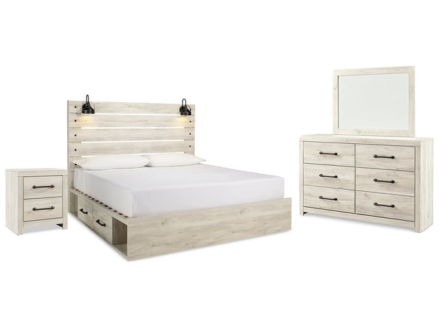 Cambeck Whitewash King Panel Bedroom Set with Storage, Dresser, Mirror and Nightstand - Ornate Home