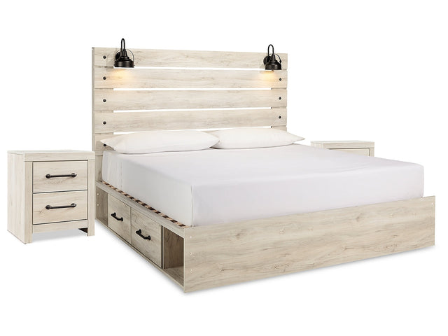 Cambeck Whitewash King Panel Bedroom Set with Storage and 2 Nightstands - Ornate Home